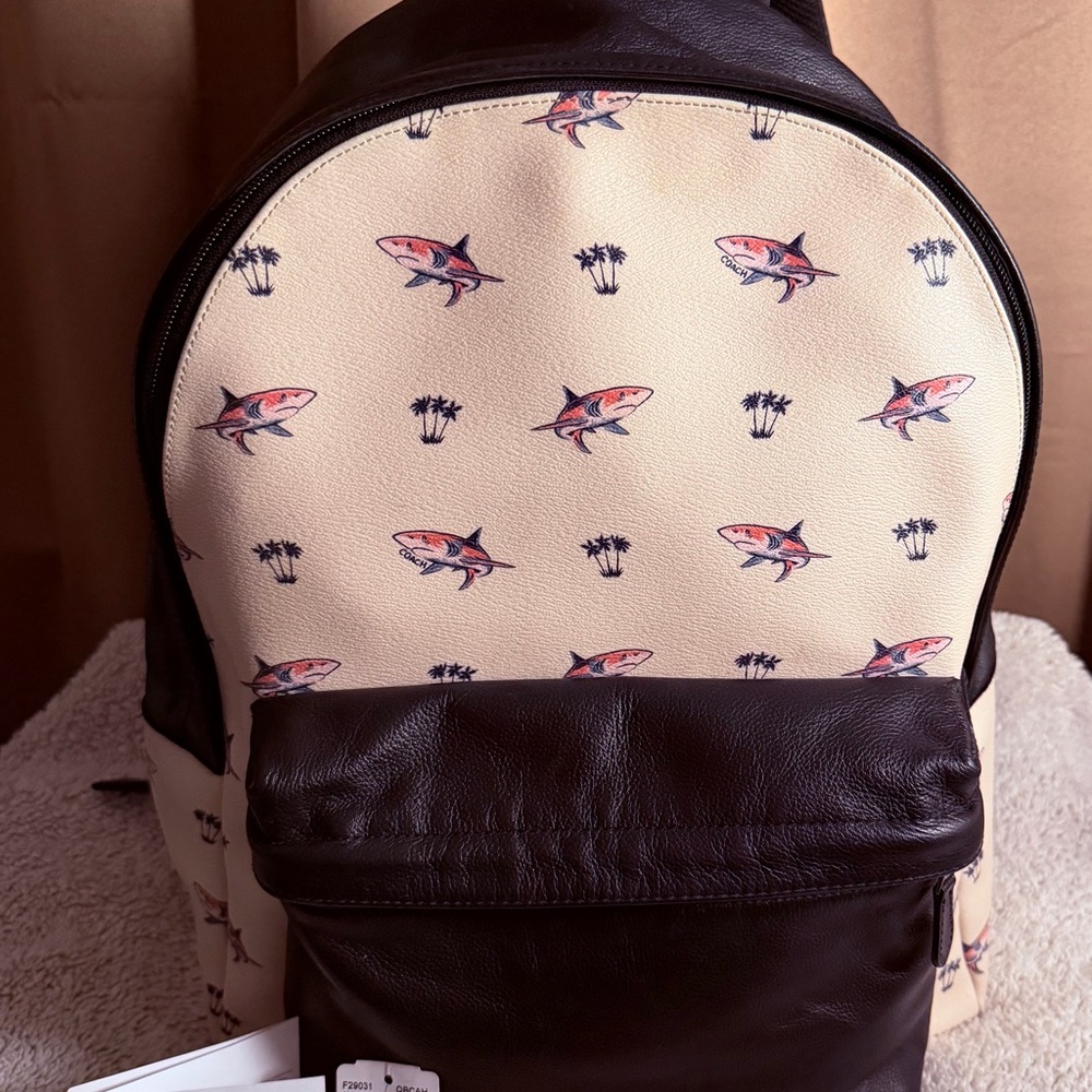 Coach Cream and Black Shark Print Backpack